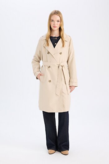 DeFacto Seasonal Water Repellent Trench Coat - Double Breasted Neckline, Button Pocket, Belt, Epaulettes A0593Ax24Au