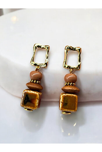 dela otantik Ethnic Style Handmade Ceramic Earrings – Multicolor Large Authentic Cube Earrings - Dangle Earrings Jewelry Jewelry