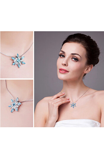 Brezza Lusso Jewelry Aquamarin Taşlı Özel Tasarım Kar Tanesi Kadın Gümüş Kolye