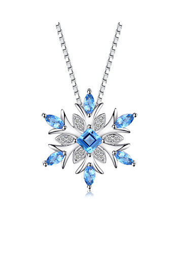 Brezza Lusso Jewelry Aquamarin Taşlı Özel Tasarım Kar Tanesi Kadın Gümüş Kolye