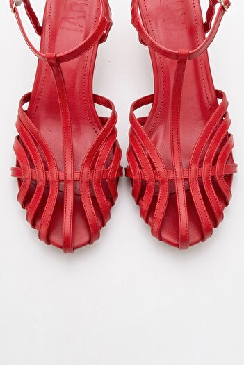 LuviShoes Feli̇p Red Skin Banded Women's Low Heeled Shoes
