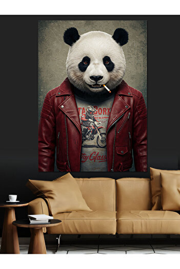 ekart Panda Decorative Canvas with Leather Jacket - Mdf Wooden Painting