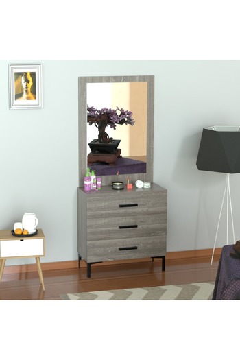Mahmayi Dresser with Large Vanity Mirror and 3 Storage Drawers - Grey Brown Whiteriver Oak
