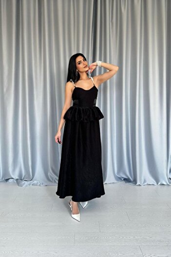 buğrahayalin Black Gathered Waist Pearl Strap Long Dress