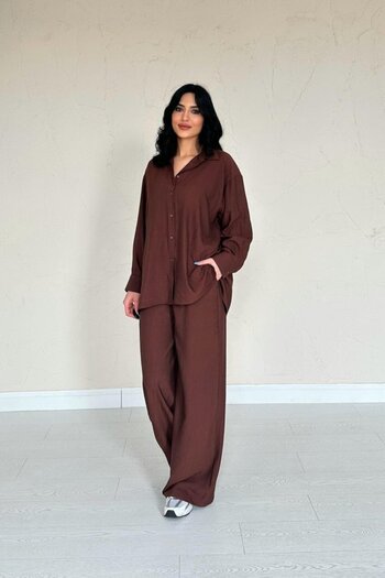 fh fashionhere Brown Alice Shirt and Loose Cut Pants Set
