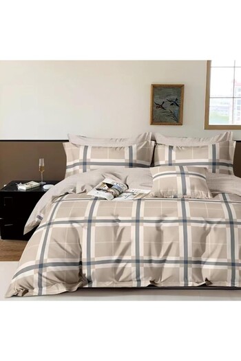 Pucioasa Double percale bed linen 6 pieces 100% cotton, beige plaid