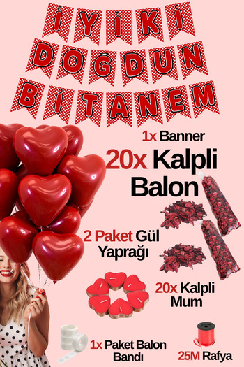 Baloncu Dede 20 Red Heart Balloons 20 Candles Rose Happy Birthday Bitanem Written Banner Helium Compatible Valentine's Day