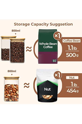 COOYA 4-piece airtight glass storage jar,800 ml,square,with wooden lid,for storing cereals and spices