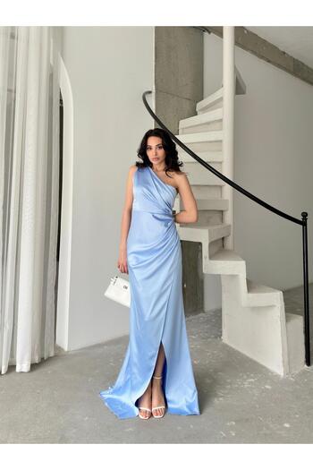 Serica Moda Rochie de seară lungă cu un singur umăr, albastru baby