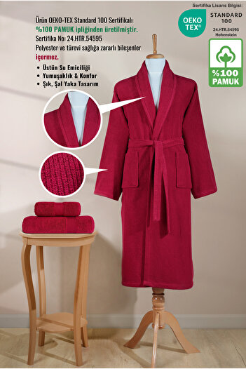 Ellaline Striped Bathrobe Set 100% Cotton Certified 3 Piece Shawl Bathrobe and Head Towel Set Claret Red
