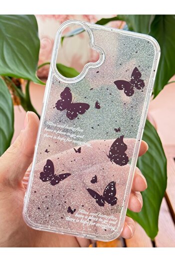 Fibaks Apple iphone 16 compatible case glitter black butterfly patterned colorful glossy shock absorbing cover