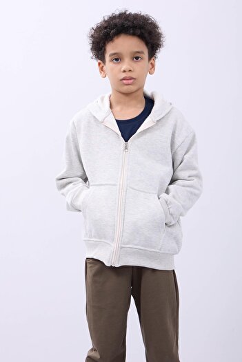 Perendi Unisex Kids Hooded Zip Cardigan - Gray Comfortable and Stylish Casual Top