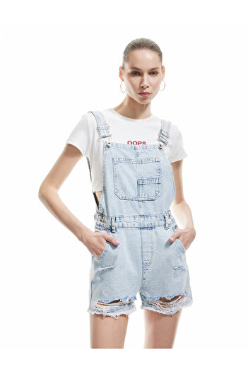 Koton Salopetă de pantaloni scurți din denim cu bretele mini, cu buzunare, cu detaliu de uzură