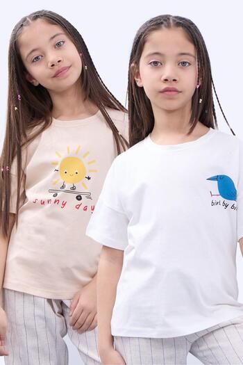 Perendi Unisex Kids T-shirt Set of 2 - Short Sleeve, Printed, Beige-White