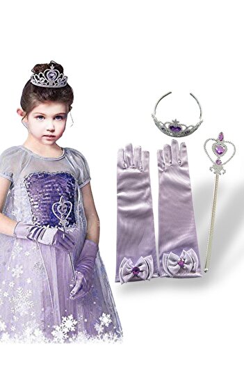 TAKIŞTIR Lilac Color Stone Detailed Crown, Scepter, Glove Set