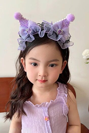 TAKIŞTIR Purple Color Ear Detailed Tulle Children's Crown