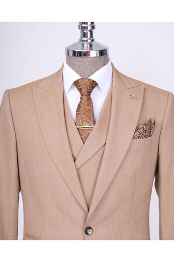 TerziAdemAltun Camel Italian Style Jacket and Vest Set - T12820