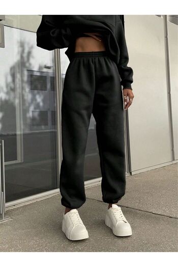 DUBU BUTİK Basic Düz Fermuarlı Eşofman Takımı Sweatshirt Jogger - Siyah Oversize Şardonlu Dik Yaka