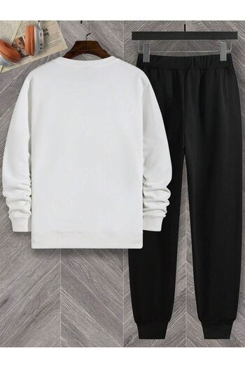 CLAYES Bird Silhouette Tracksuit Set - White Black Printed Winter Crew Neck