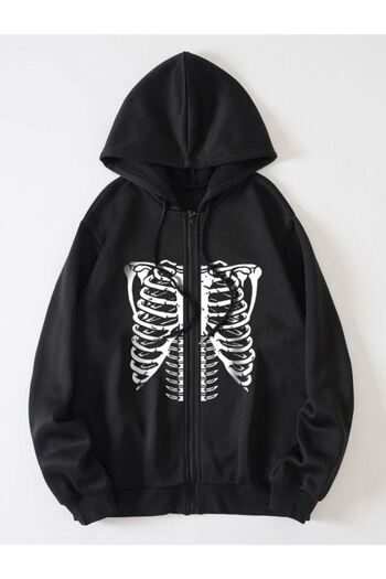 DUBU BUTİK Skeleton Cardigan - Black Printed Oversize Hooded