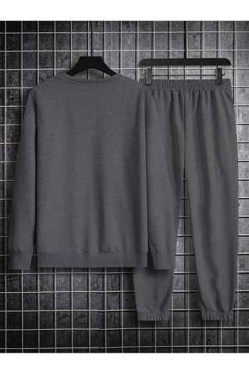 DUBU BUTİK Erkek Düz Eşofman Takımı Sweatshirt Jogger - Antrasit Oversize Şardonlu Bisiklet Yaka