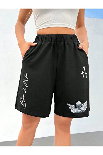 DUBU BUTİK Angel Design Combed Cotton Shorts - Black Printed Short Without Cord