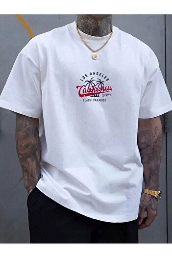 DUBU BUTİK Μπλουζάκι California Paradise Single Jersey - Λευκό εμπριμέ κοντομάνικο μπλουζάκι με λαιμόκοψη