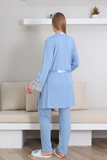 ERDENİZ TEKSTİL Kısa Kol Bisiklet Yaka Hamile & Lohusa Pijama Takımı / 3 Parça Pijama ve Sabahlıklı Hamile Giyim