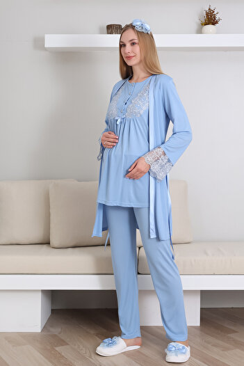 ERDENİZ TEKSTİL Kısa Kol Bisiklet Yaka Hamile & Lohusa Pijama Takımı / 3 Parça Pijama ve Sabahlıklı Hamile Giyim