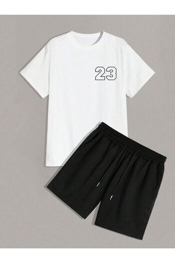CLAYES 23 Count T-Shirt Shorts - White Black Bottom Top Team Shorts T-Shirt Combination Printed Crew Neck