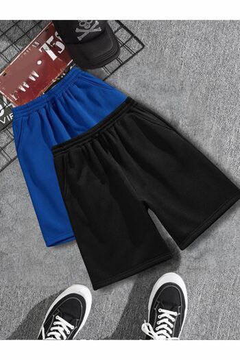 CLAYES 2-Piece Solid Color Combed Cotton Shorts - Saks Blue Black Unprinted Short Without Cord