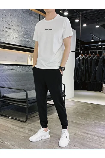CLAYES White T-shirt Black Sweatpants Jogger - Printed Bottom Top Sweat Suit Oversize Crew Neck
