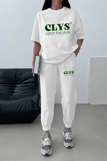 CLAYES Μπλουζάκι Clys Design Sweatpants Jogger- Σετ φόρμας στο κάτω μέρος με λευκή στάμπα Oversize Crew Neck