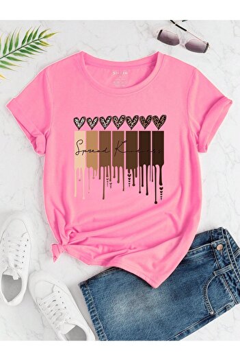 DUBU BUTİK Leopard Pattern Hearts Single Jersey T-Shirt - Pink Printed Oversize Crew Neck Short Sleeve T-Shirt