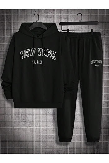 VBSVİBES New York U.S.A Tracksuit Set Sweatshirt Jogger - هوديي برباط كبير الحجم مطبوع باللون الأسود