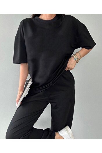 CLAYES Basic T-shirt Eşofman Altı Jogger Siyah Düz Alt Üst Eşofman Takımı Oversize Bisiklet Yaka
