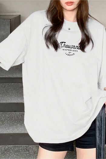 DUBU BUTİK Thousand Single Jersey T-shirt - White Printed Oversize Crew Neck Short Sleeve T-Shirt