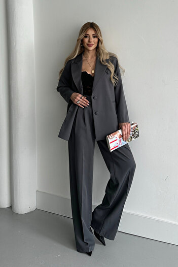 HOEK Women's Anthracite Button Detail Blazer Jacket Pants Suit