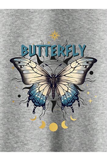 CLAYES Butterfly Yazı Desen Hırka - Gri Baskılı Oversize Kapüşonlu