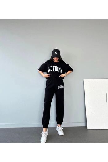 CLAYES Nothing T-shirt Sweatpants Jogger- Μαύρη στάμπα στο κάτω μέρος Κορυφή αθλητική φόρμα Oversize Crew Neck