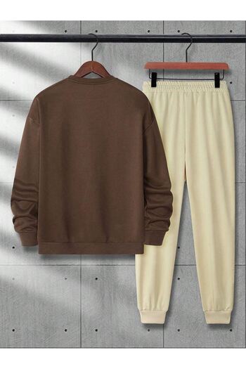 DUBU BUTİK Σετ φόρμας Make It - Καφέ φούτερ και μπεζ Jogger, Crew Neck, Oversized Cut