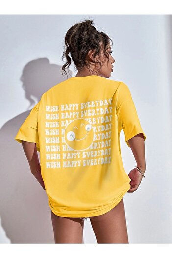 DUBU BUTİK Wish Happy Süprem T-Shirt - Sarı Baskılı Oversize Bisiklet Yaka Kısa Kol Tişört