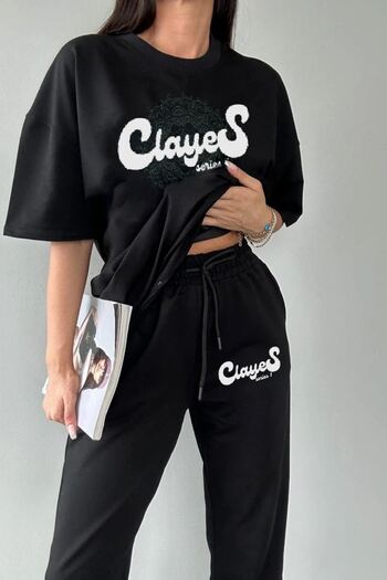 CLAYES Σειρά T-shirt Sweatpants Jogger- Μαύρη στάμπα στο κάτω μέρος Σετ φόρμας Oversize Crew Neck