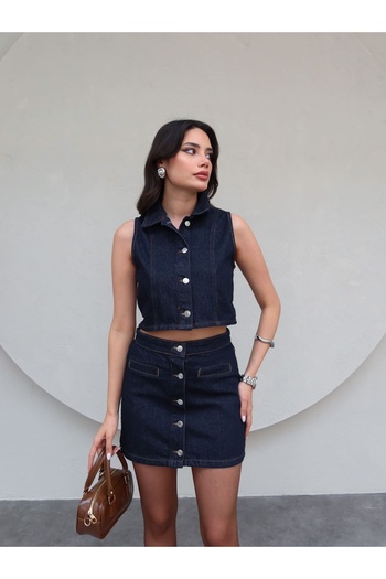 ESRAHELVACI Front Buttoned Denim Vest Skirt Set