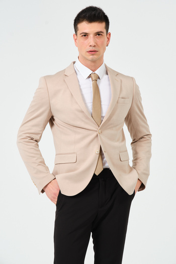 Pierre Cassi Beige Slim Fit Knitted Stretchy Fabric Blazer Jacket