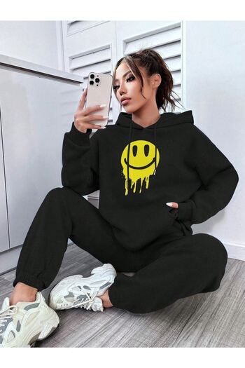 DUBU BUTİK Emoji Eşofman Takımı Sweatshirt Jogger - Siyah Baskılı Oversize Şardonlu Kapüşonlu