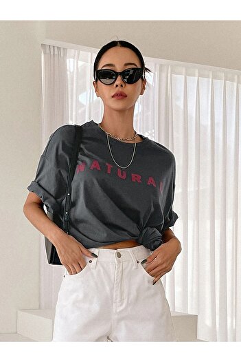 DUBU BUTİK Smoked Oversize Natural T-shirt - Oversize Printed