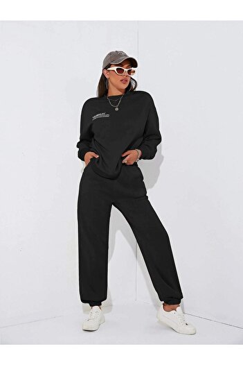 DUBU BUTİK Minimal Los Angeles Φούτερ 2 τεμαχίων Φούτερ Jogger - Μαύρο κάτω επάνω σετ Oversize Crew Neck
