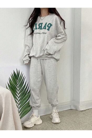 DUBU BUTİK Σετ φόρμας Paris Sainte Φούτερ Jogger - Γκρι εμπριμέ Oversize Raster Crew Neck