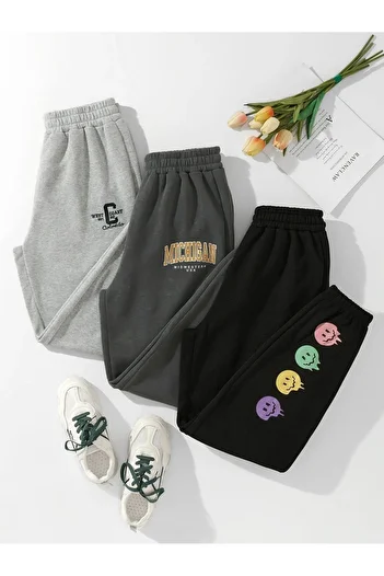 DUBU BUTİK Φούτερ Jogger 3-Pece Design - Grey Smoke Black Printed Rubber Leg High Waist